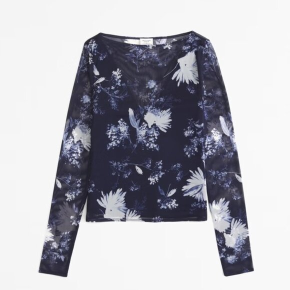 NWT Abercrombie & Fitch Floral Blue Mesh Top, S - Picture 1 of 4